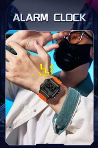 SANDA multifunctional digital sports watch with orange strap on wrist detail view