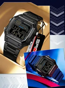 Detail view of SANDA square digital sports watches in black steel and blue resin