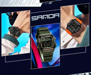 SANDA square digital sports watch collection with green and orange straps in detail