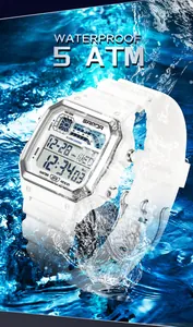 SANDA waterproof digital sports watch with white silicone strap and 5 ATM depth rating