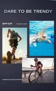 SANDA sports electronic watch marketing banner with lifestyle images of swimming and cycling