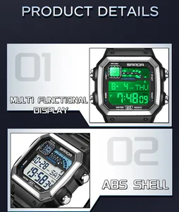 Detailed view of SANDA square digital watch with multi-functional display and ABS shell