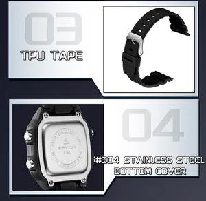 Detail view of SANDA digital watch TPU strap and 304 stainless steel back cover