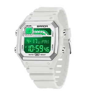 SANDA white square digital sports watch with green luminous display and 50m waterproof rating