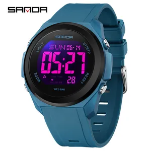 Montre numérique de sport bleue étanche avec grand écran LED et bracelet silicone
