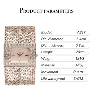 Paramètres détaillés de la montre à quartz carrée Cacaxi pour femmes avec strass.
