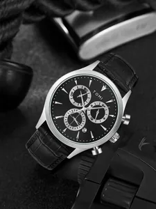 Close-up of TOMI men's business chronograph quartz watch with textured black leather strap