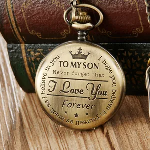 Reloj de bolsillo de cuarzo bronce vintage con mensaje grabado para el regalo de un hijo