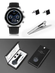 TOMI men's quartz watch gift set with black strap, cufflinks, and tie clip in a box