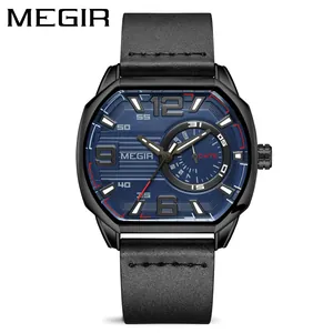 Reloj deportivo cuadrado MEGIR para hombre con esfera azul y correa de cuero negro