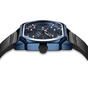 Reloj deportivo cuadrado Megir para hombre con caja de acero azul y correa de cuero negro