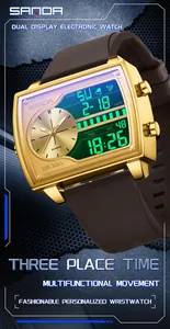 Vue détaillée de la montre SANDA double affichage pour homme avec boîtier doré
