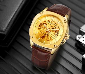 Montre automatique T-WINNER pour hommes avec cadran squelette et bracelet en cuir brun