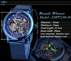 Vue détaillée de la montre mécanique squelette bleue Winner avec bracelet en maille