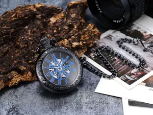 Close-up of vintage skeleton mechanical pocket watch with blue Roman numerals