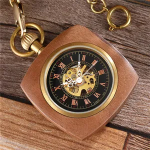 Montre à gousset mécanique carrée en bois de séquoia avec cadran squelette et chaîne