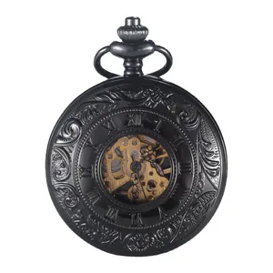 Montre à gousset mécanique squelette noire gravée avec cadran à chiffres romains classique