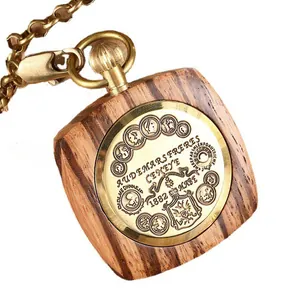 Montre à gousset mécanique carrée en séquoia avec cadran doré gravé et chaîne
