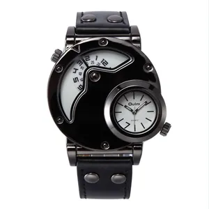 Montre sport à quartz Oulm 9591 à double fuseau horaire avec bracelet cuir noir