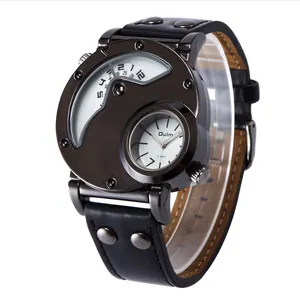 Montre à quartz Oulm pour homme double fuseau horaire avec bracelet en cuir noir clouté