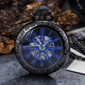 Vintage black mechanical pocket watch with skeleton movement and blue Roman numerals.