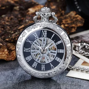 Retro silver mechanical skeleton pocket watch with Roman numerals and vintage chain link
