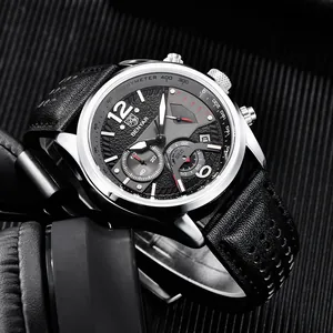 Benyar Herren Sport Chronograph Uhr mit schwarzem Lederarmband und Tachymeter-Zifferblatt