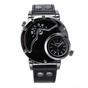 Montre Oulm Fashion pour Homme Double Fuseau Horaire Punk Sport Montre à Quartz pour Homme Bracelet en Cuir Véritable Rivets Design Industriel Montre-Bracelet