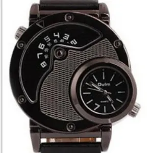 Montre à quartz Oulm unique pour hommes avec double fuseau horaire et design noir
