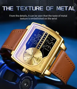 Montre SANDA à double affichage numérique et quartz pour hommes avec boîtier doré
