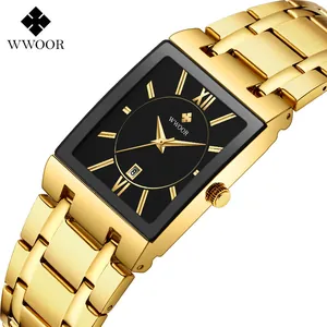WWOOR Fashion Square Men Quartz Watch Stainless Steel Band Business Casual Waterproof Wristwatch With Date Function