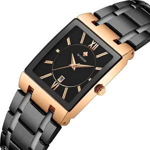 Elegant WWOOR men's luxury square quartz watch with black dial and gold steel strap