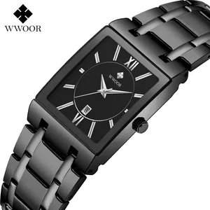 WWOOR 8858 Men's square quartz watch with black steel band and waterproof design