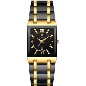 Professional WWOOR square men's quartz watch featuring a black and gold stainless steel band