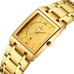 Luxury WWOOR gold square quartz watch for men with stainless steel strap and calendar