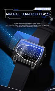 Détail de la montre Sanda pour hommes avec double affichage et verre minéral.