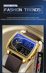 Détail de la montre SAMDA pour homme avec boîtier doré, double affichage et bracelet