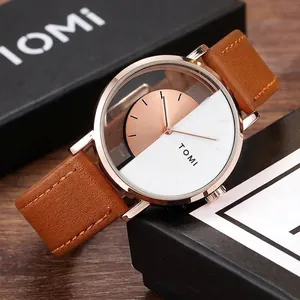 TOMI unisex quartz watch with unique hollow half-transparent design and brown leather strap