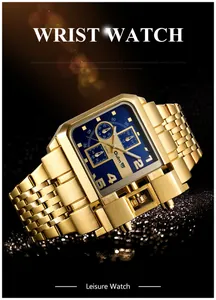 Dettaglio dell'orologio al quarzo quadrato Oulm da uomo in oro con quadrante blu e acciaio