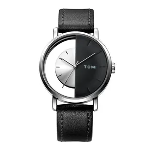 TOMI minimalist unisex watch with unique half-transparent dial and black leather strap