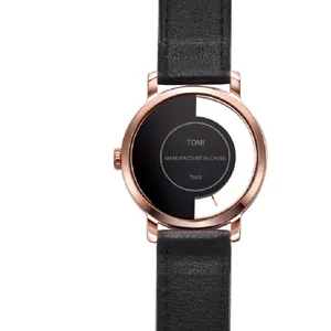 TOMI minimalist hollow-out quartz watch with black leather strap and rose gold case