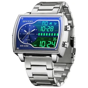 Montre Sanda luxe pour hommes à double affichage numérique et bracelet en acier