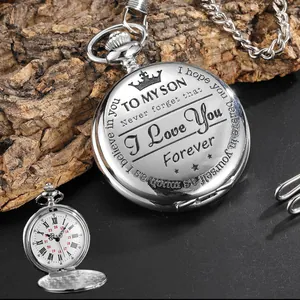Reloj de bolsillo de cuarzo vintage grabado para hijo con mensaje emocional y cadena