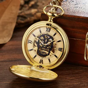 Montre à Gousset Mécanique Vintage pour Homme Femme Alliage Crâne Ajouré Squelette Remontage Manuel Chiffres Romains Cadeau