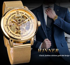 Montre mécanique squelette dorée de luxe pour homme avec bracelet en maille d'acier