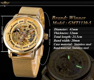 Montre mécanique squelette Winner GMT1130-5 dorée pour homme avec bracelet maille