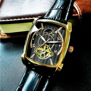 Montre Mécanique Automatique pour Hommes Aokulasic Carrée Squelette Grand Cadran Phase de Lune Lumineux Bracelet en Cuir Véritable Business