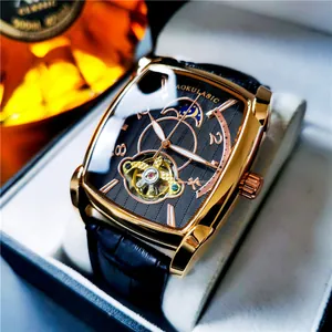 Montre mécanique automatique AOKULASIC pour homme avec boîtier carré et bracelet en cuir