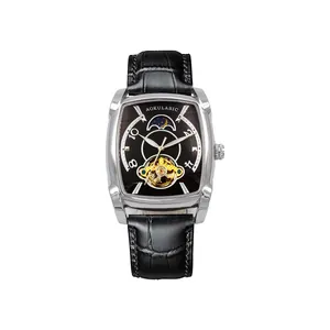Montre automatique Aokulasic pour hommes avec cadran squelette carré et bracelet cuir