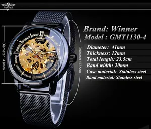 Vue détaillée de la montre mécanique squelette Winner pour hommes avec bracelet en maille noire